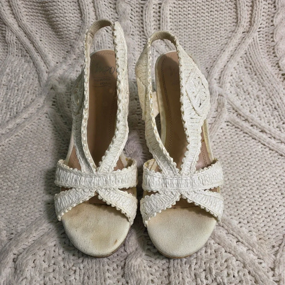 Impo Tanna Wedge Sandals White Crochet Floral Embossed Cork Wedge Womens 8M Fair